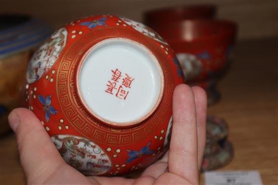 A set of three Chinese coral ground bowls, Republic period